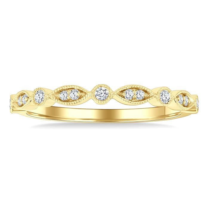 1/10 Ctw Marquise and Circular Motif Carved Round Cut Diamond Stackable Wedding Band in 14K Yellow Gold