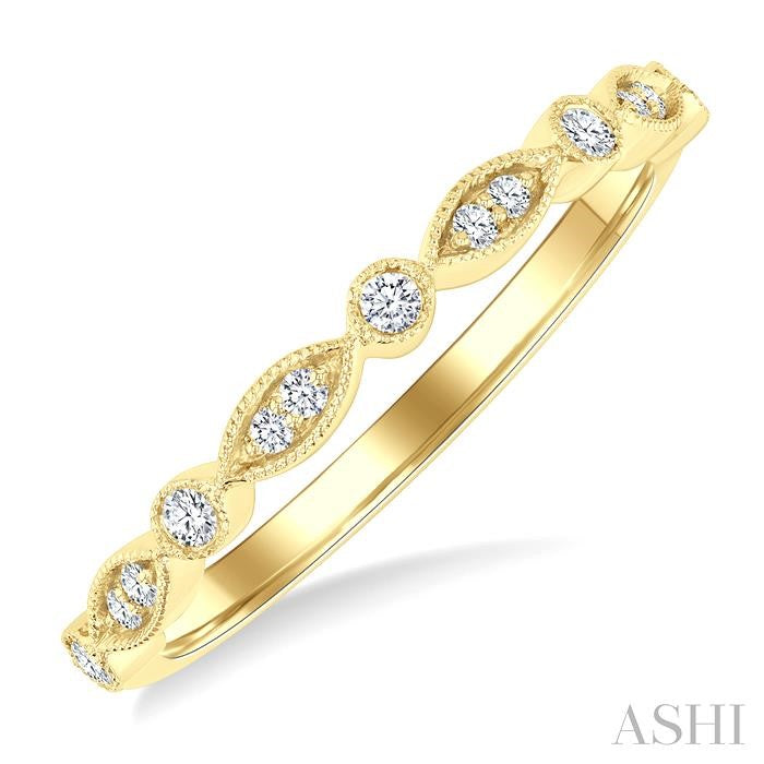1/10 Ctw Marquise and Circular Motif Carved Round Cut Diamond Stackable Wedding Band in 14K Yellow Gold