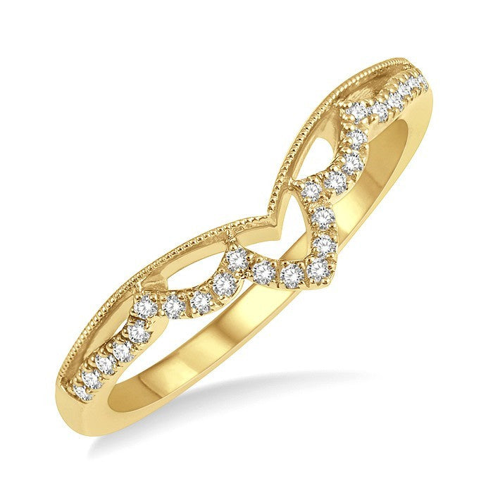 1/8 Ctw Milgrain Chevron Center Scallop Base Round Cut Diamond Wedding Band in 14K Yellow Gold