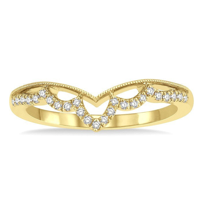 1/8 Ctw Milgrain Chevron Center Scallop Base Round Cut Diamond Wedding Band in 14K Yellow Gold