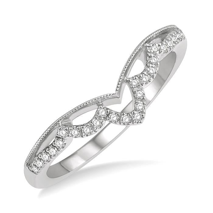 1/8 Ctw Milgrain Chevron Center Scallop Base Round Cut Diamond Wedding Band in 14K White Gold