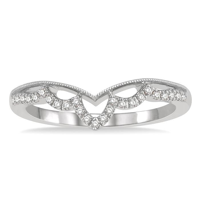 1/8 Ctw Milgrain Chevron Center Scallop Base Round Cut Diamond Wedding Band in 14K White Gold
