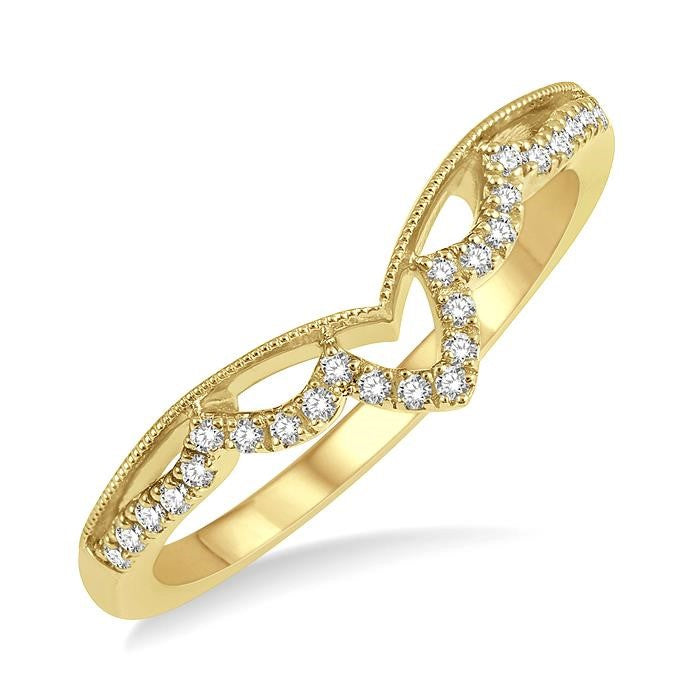 1/8 Ctw Milgrain Chevron Center Scallop Base Round Cut Diamond Wedding Band in 14K Yellow Gold