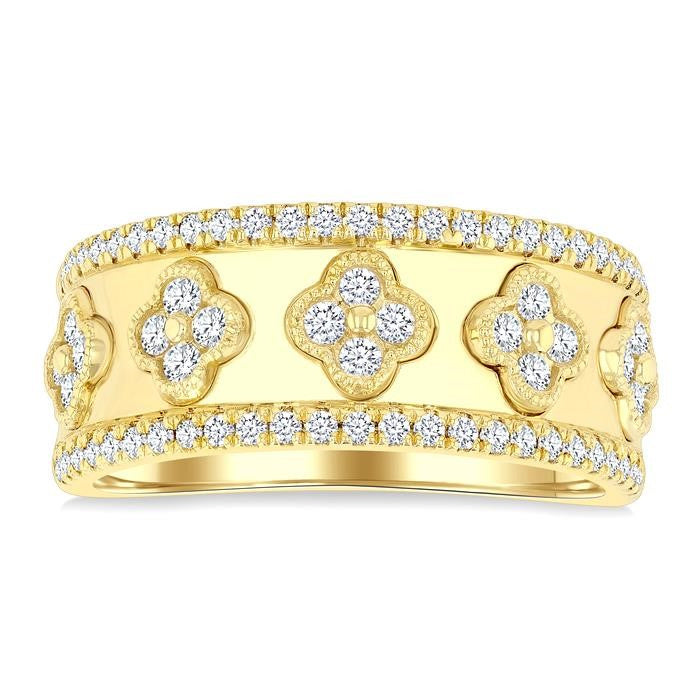 5/8 Ctw Clover Motif Round Cut Diamond Wide Fashion Band in 14K Yellow Gold