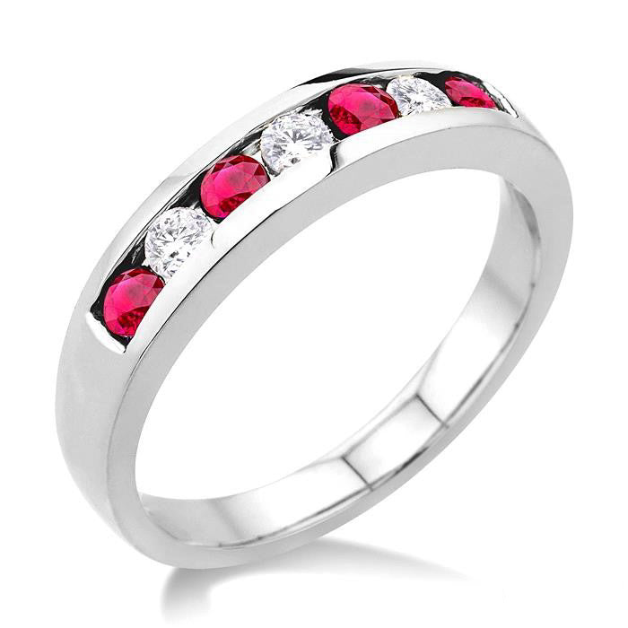 2.5 MM Round Cut Ruby and 1/5 Ctw Channel Set Round Cut Diamond Band in 14K White Gold