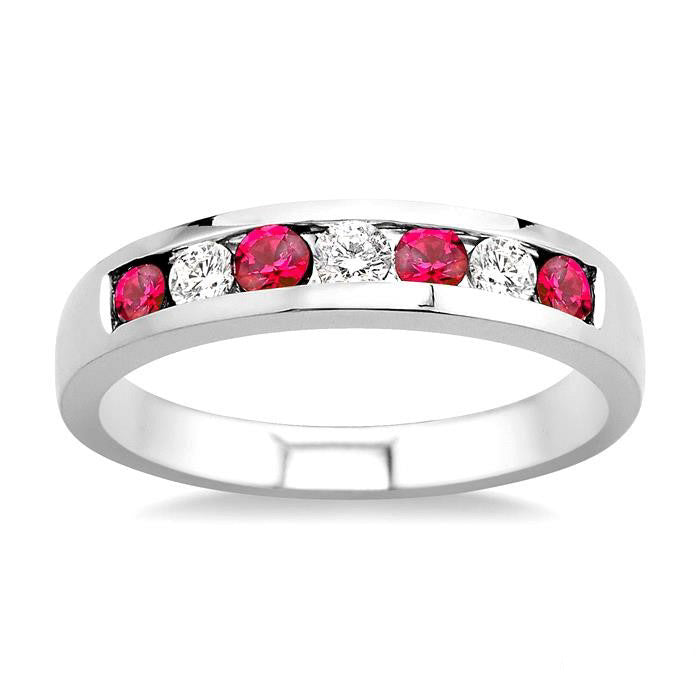 2.5 MM Round Cut Ruby and 1/5 Ctw Channel Set Round Cut Diamond Band in 14K White Gold