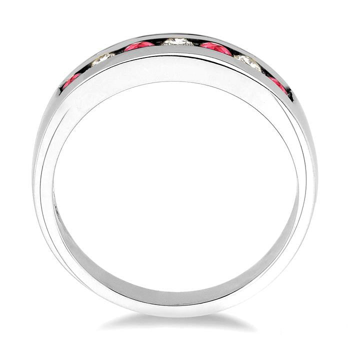 2.5 MM Round Cut Ruby and 1/5 Ctw Channel Set Round Cut Diamond Band in 14K White Gold