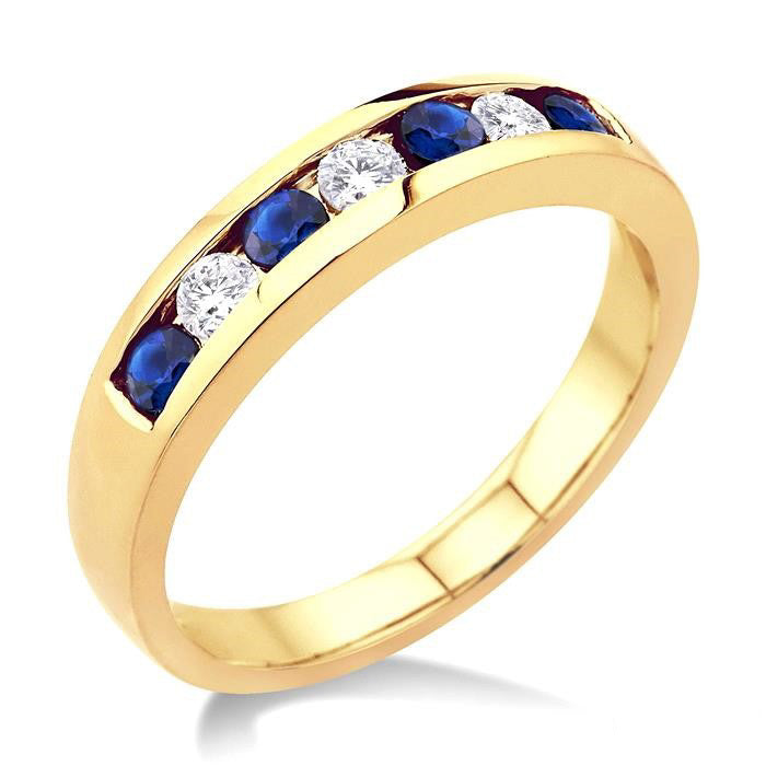 2.5 MM Round Cut Sapphire and 1/5 Ctw Channel Set Round Cut Diamond Band in 14K Yellow Gold