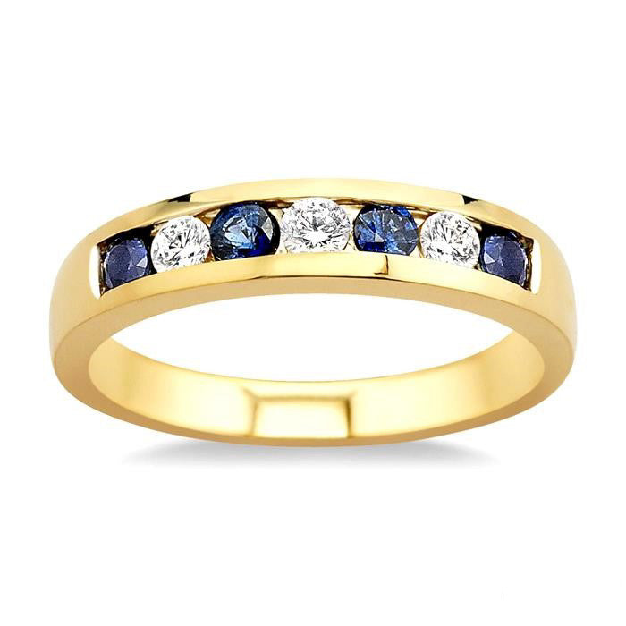 2.5 MM Round Cut Sapphire and 1/5 Ctw Channel Set Round Cut Diamond Band in 14K Yellow Gold
