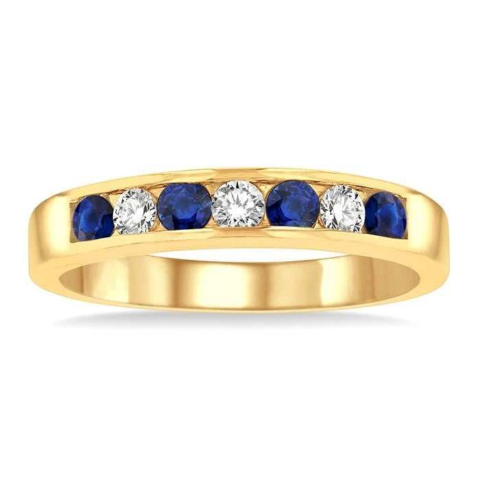 2.5 MM Round Cut Sapphire and 1/5 Ctw Channel Set Round Cut Diamond Band in 14K Yellow Gold