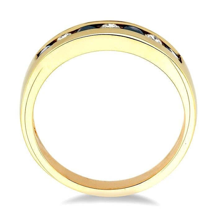 2.5 MM Round Cut Sapphire and 1/5 Ctw Channel Set Round Cut Diamond Band in 14K Yellow Gold