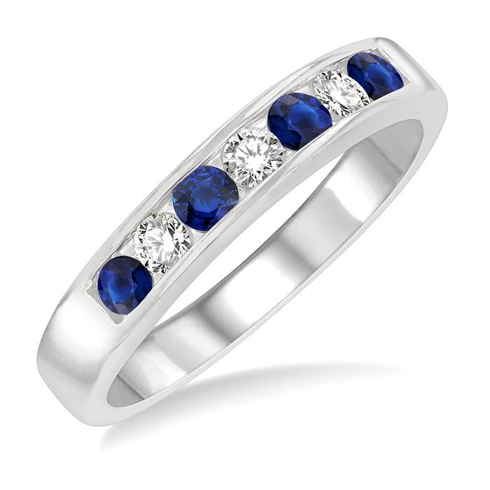 2.5 MM Round Cut Sapphire and 1/5 Ctw Channel Set Round Cut Diamond Band in 14K White Gold