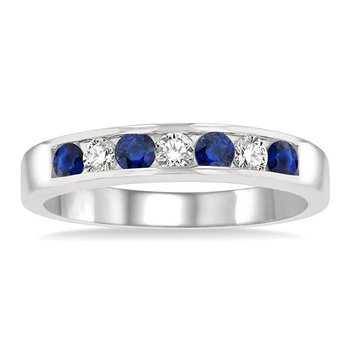 2.5 MM Round Cut Sapphire and 1/5 Ctw Channel Set Round Cut Diamond Band in 14K White Gold