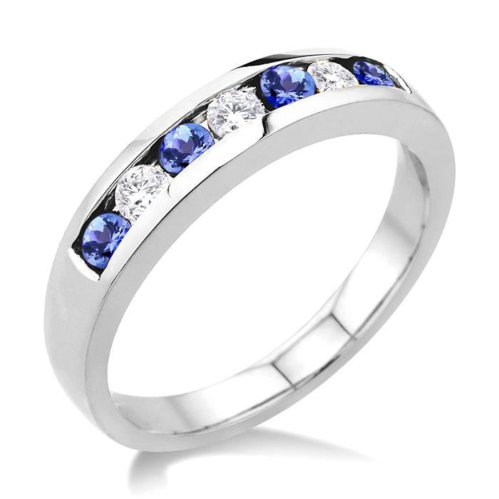 2.5 MM Round Cut Tanzanite and 1/5 Ctw Channel Set Round Cut Diamond Band in 14K White Gold
