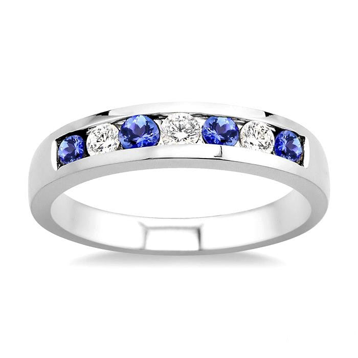 2.5 MM Round Cut Tanzanite and 1/5 Ctw Channel Set Round Cut Diamond Band in 14K White Gold