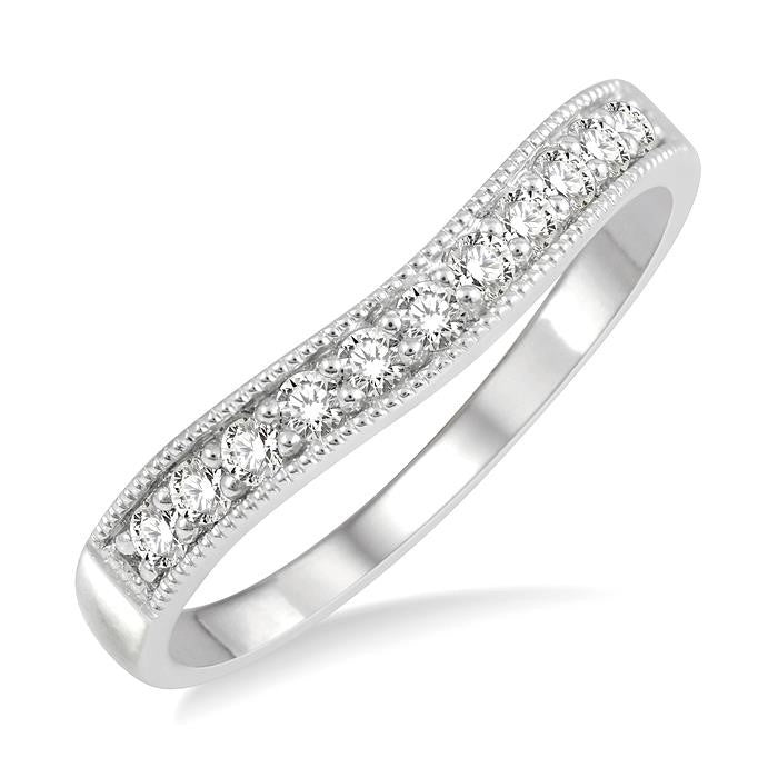 1/4 Ctw Curved Center Milgrain Border Round Cut Diamond Wedding Band in 14K White Gold