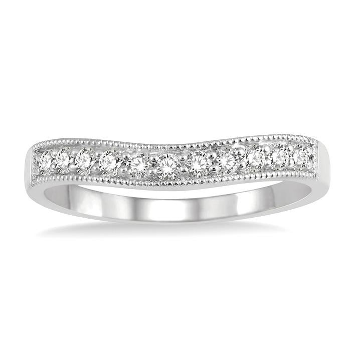 1/4 Ctw Curved Center Milgrain Border Round Cut Diamond Wedding Band in 14K White Gold