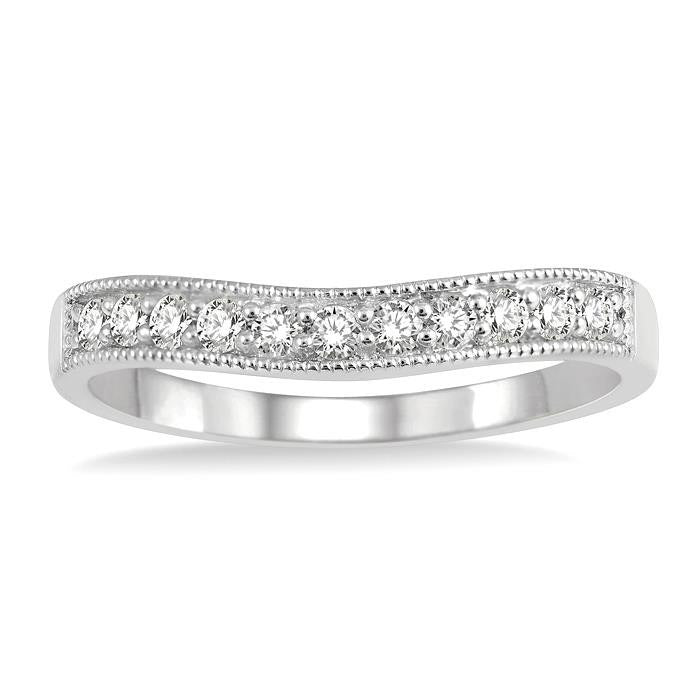 1/4 Ctw Curved Center Milgrain Border Round Cut Diamond Wedding Band in 14K White Gold