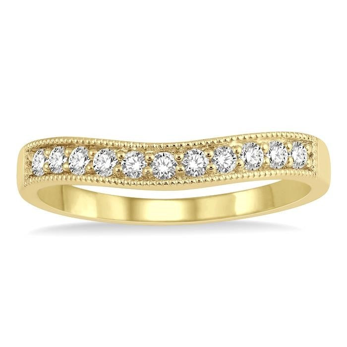 1/4 Ctw Curved Center Milgrain Border Round Cut Diamond Wedding Band in 14K Yellow Gold