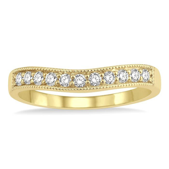 1/4 Ctw Curved Center Milgrain Border Round Cut Diamond Wedding Band in 14K Yellow Gold