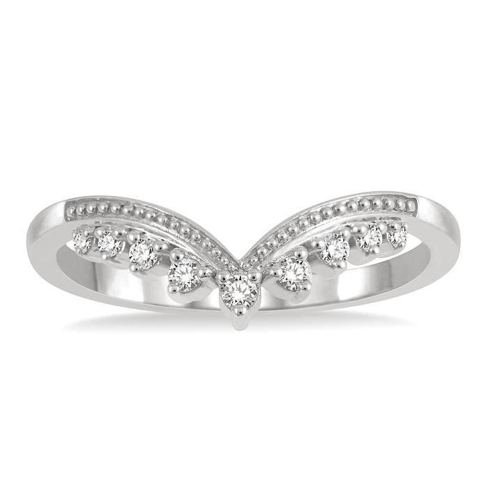 1/10 Ctw Chevron Round Cut Diamond Highlighted Wedding Ring in 14K White Gold