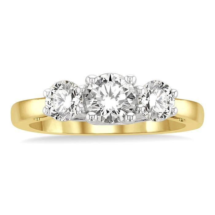 1 1/4 Ctw Round Cut Diamond Past Present & Future Engagement Ring in 14K Yellow and White Gold