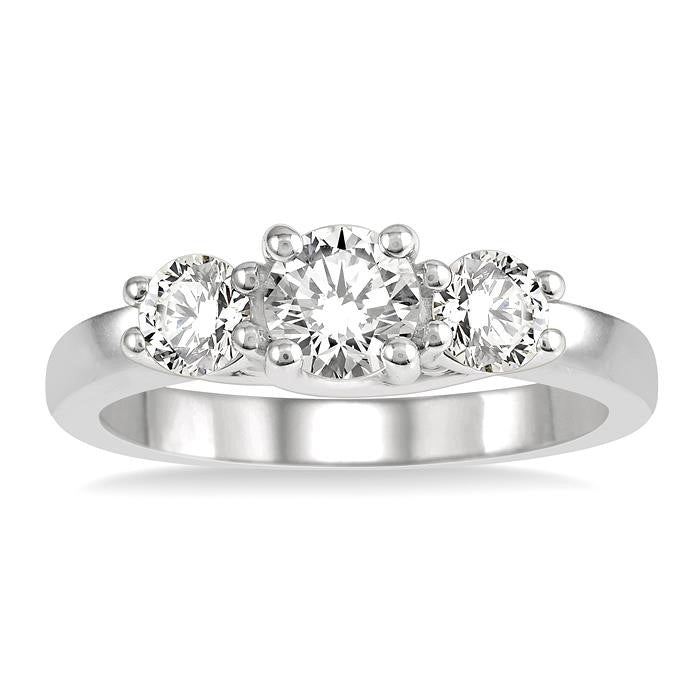 1 Ctw Round Cut Diamond Three-Stone Ring in 14K White Gold