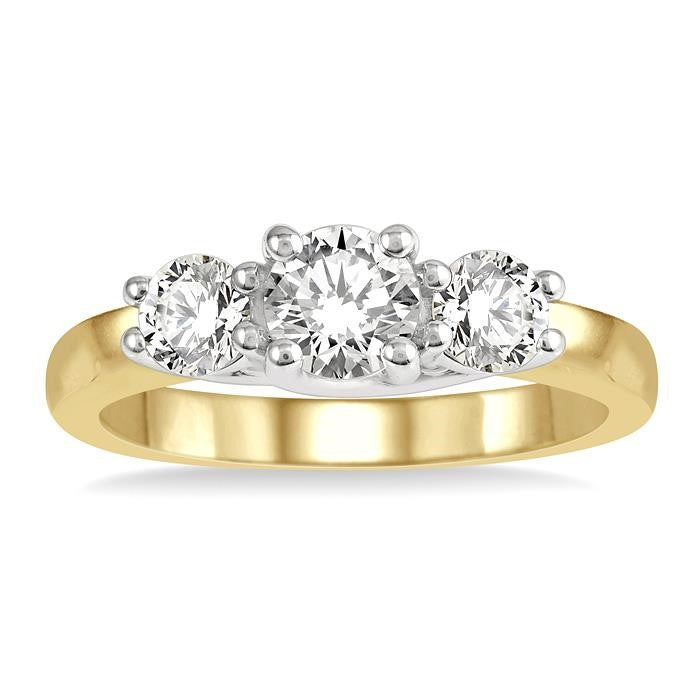 1 Ctw Round Cut Diamond Three-Stone Ring in 14K Yellow and White Gold