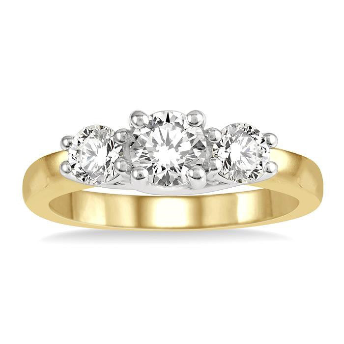 1 Ctw Round Cut Diamond Three-Stone Ring in 14K Yellow and White Gold