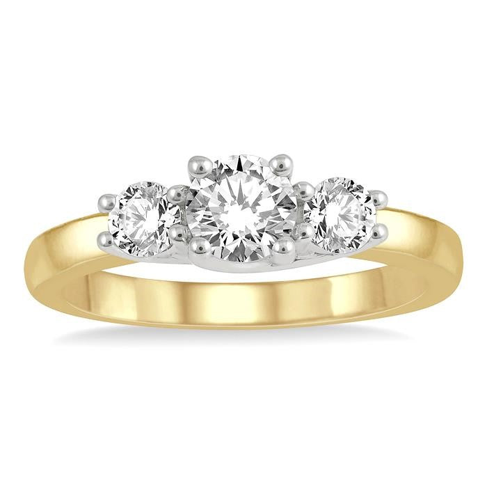 3/4 Ctw Round Cut Diamond Three-Stone Ring in 14K Yellow and White Gold