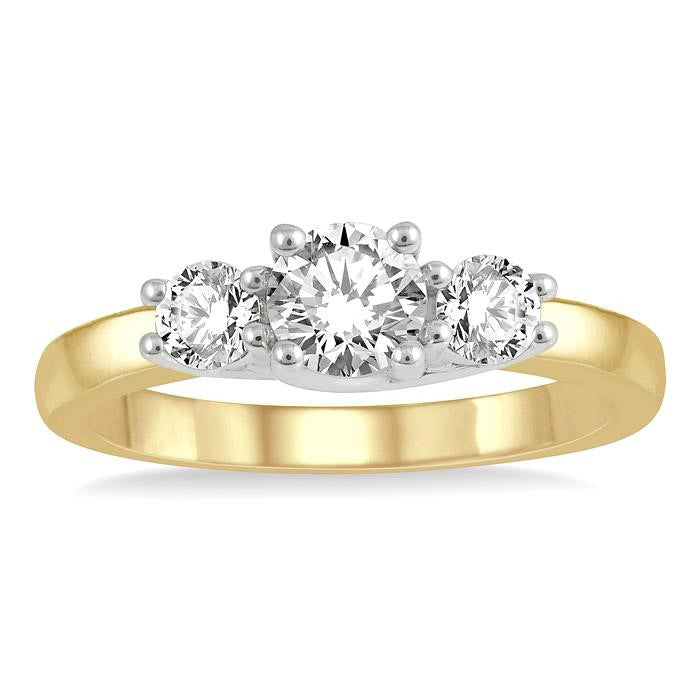 3/4 Ctw Round Cut Diamond Three-Stone Ring in 14K Yellow and White Gold