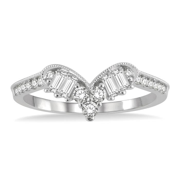 3/8 Ctw Chevron Center Baguette and Round Cut Diamond Wedding Band in 14K White Gold