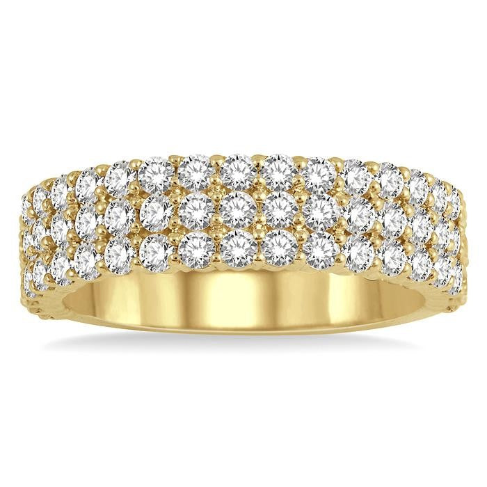 1 1/4 Ctw Triple Row Round Cut Diamond Wedding Band in 14K Yellow Gold
