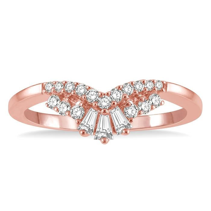 1/4 Ctw Chevron Center Baguette and Round Cut Diamond Wedding Band in 14K Rose Gold