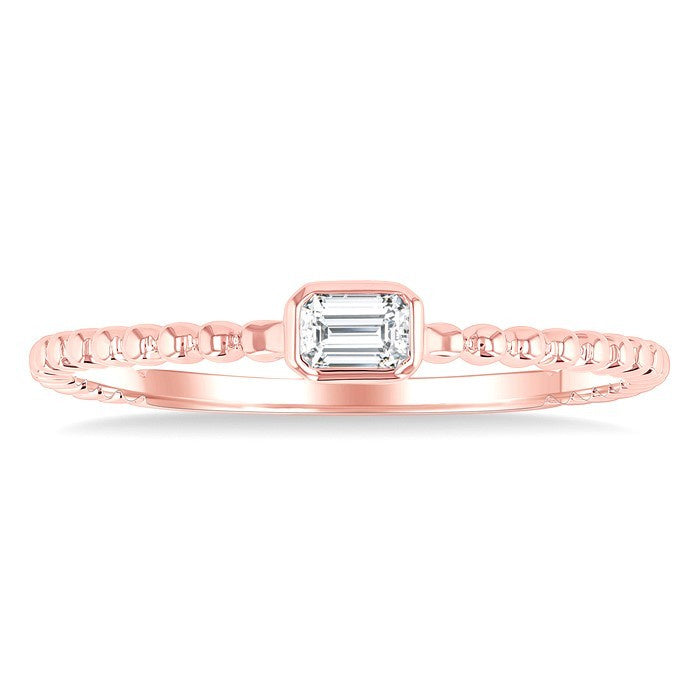 1/6 Ctw Bead Bijoux East-West Bezel Set Emerald Cut Diamond Stackable Petite Fashion Ring in 14K Rose Gold