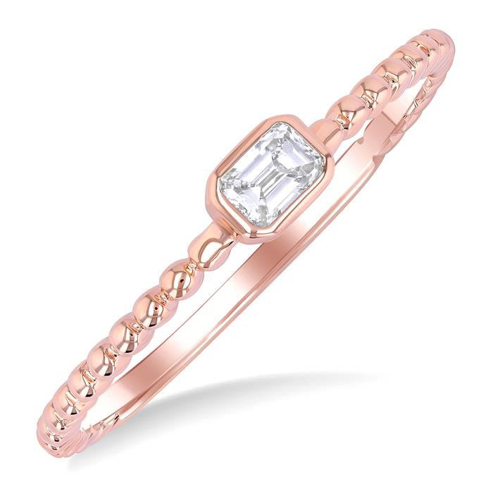 1/6 Ctw Bead Bijoux East-West Bezel Set Emerald Cut Diamond Stackable Petite Fashion Ring in 14K Rose Gold