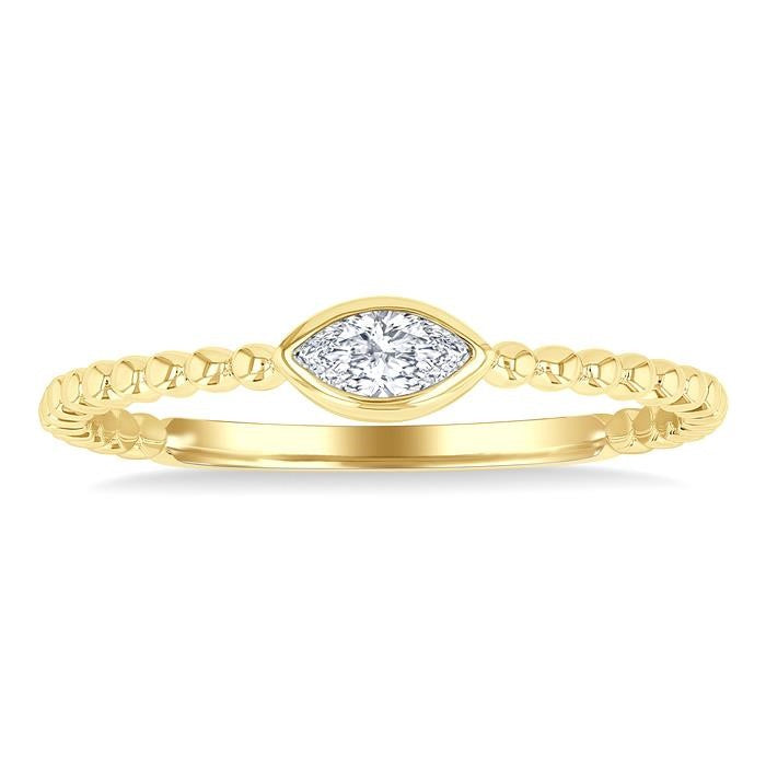 1/6 Ctw Petite Bezel Set Marquise Cut Diamond Bead Bijoux Stackable Ring in 14K Yellow Gold