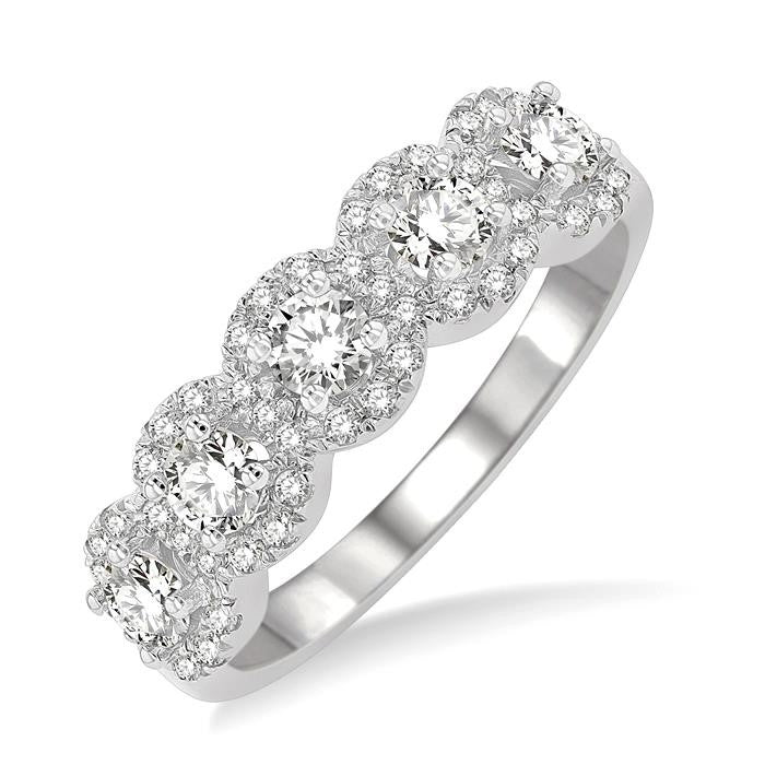 1 Ctw Circular Shape 5 Stone Round Cut Diamond Halo Wedding Band in 14K White Gold
