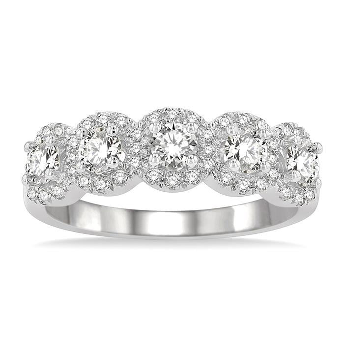 1 Ctw Circular Shape 5 Stone Round Cut Diamond Halo Wedding Band in 14K White Gold
