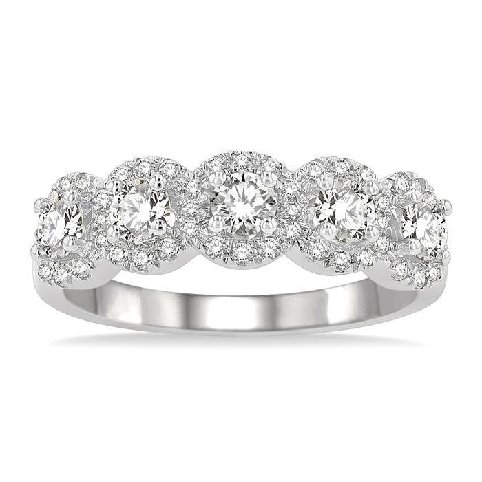 1 Ctw Circular Shape 5 Stone Round Cut Diamond Halo Wedding Band in 14K White Gold
