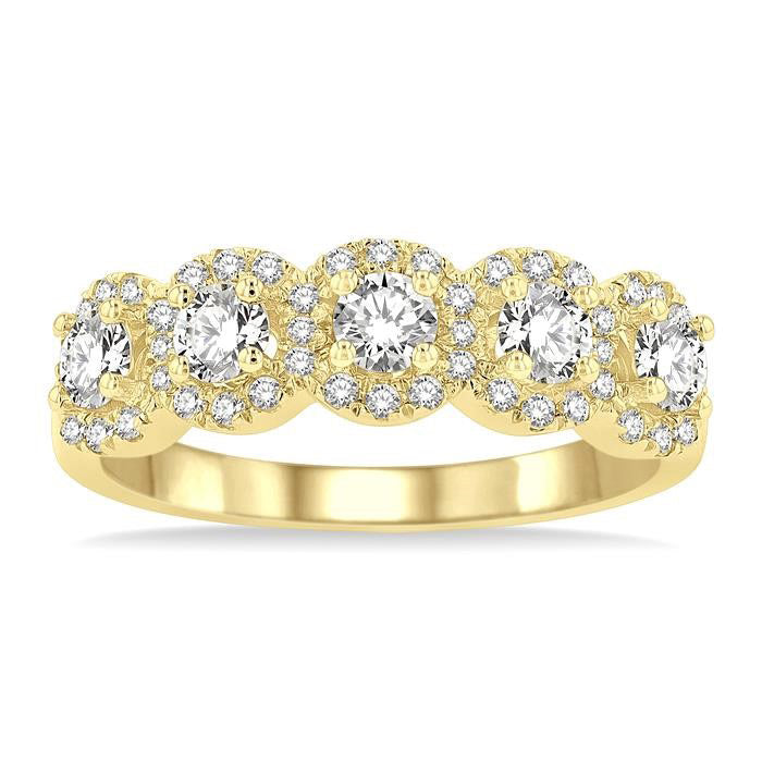 1 Ctw Circular Shape 5 Stone Round Cut Diamond Halo Wedding Band in 14K Yellow Gold
