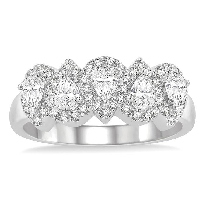 1 Ctw Pear Shape 5 Stone Pear & Round Cut Diamond Halo Wedding Band in 14K White Gold