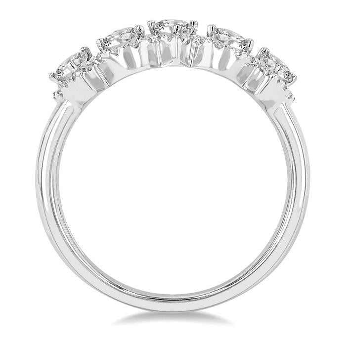 1 Ctw Pear Shape 5 Stone Pear & Round Cut Diamond Halo Wedding Band in 14K White Gold