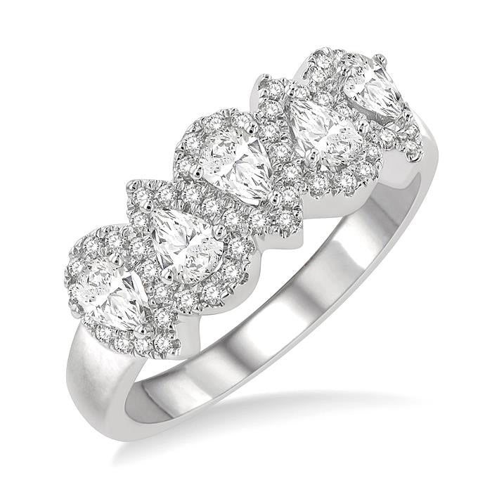 1 Ctw Pear Shape 5 Stone Pear & Round Cut Diamond Halo Wedding Band in 14K White Gold