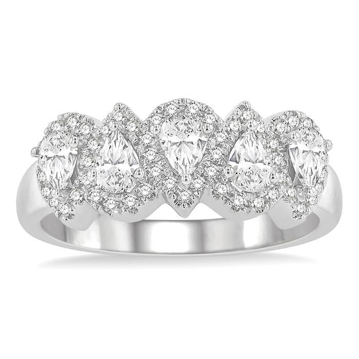 1 Ctw Pear Shape 5 Stone Pear & Round Cut Diamond Halo Wedding Band in 14K White Gold