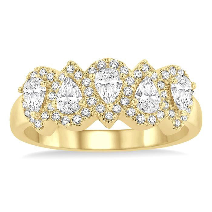 1 Ctw Pear Shape 5 Stone Pear & Round Cut Diamond Halo Wedding Band in 14K Yellow Gold