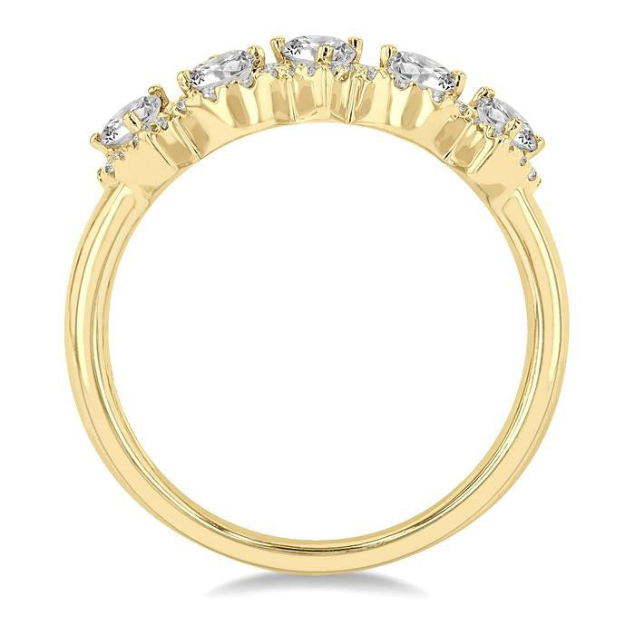 1 Ctw Pear Shape 5 Stone Pear & Round Cut Diamond Halo Wedding Band in 14K Yellow Gold