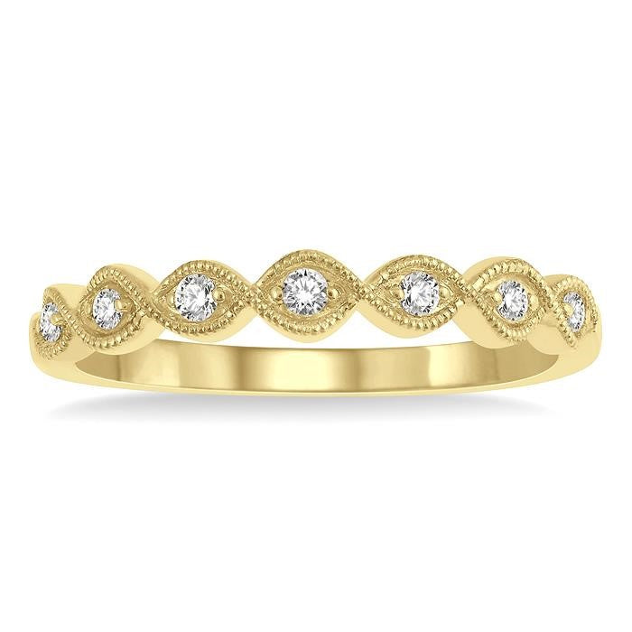 1/10 Ctw Milgrain Marquise Lattice Round Cut Diamond Stack Band in 14K Yellow Gold