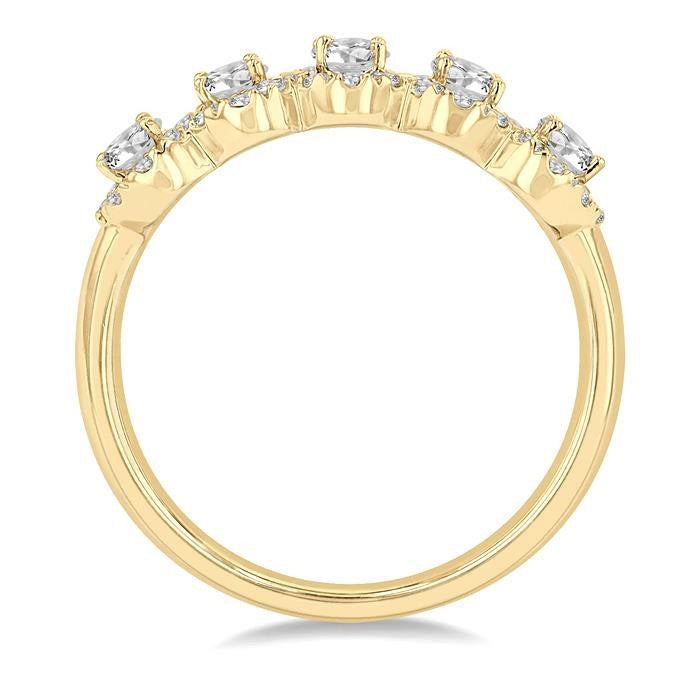 1 Ctw Oval Shape 5 Stone Oval & Round Cut Diamond Halo Wedding Band in 14K Yellow Gold