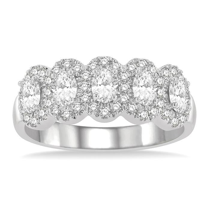 1 Ctw Oval Shape 5 Stone Oval & Round Cut Diamond Halo Wedding Band in 14K White Gold